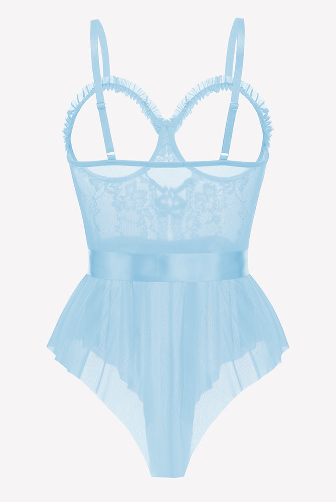 Light blue lace ruffle mesh bodysuit with sheer back and satin sash belt