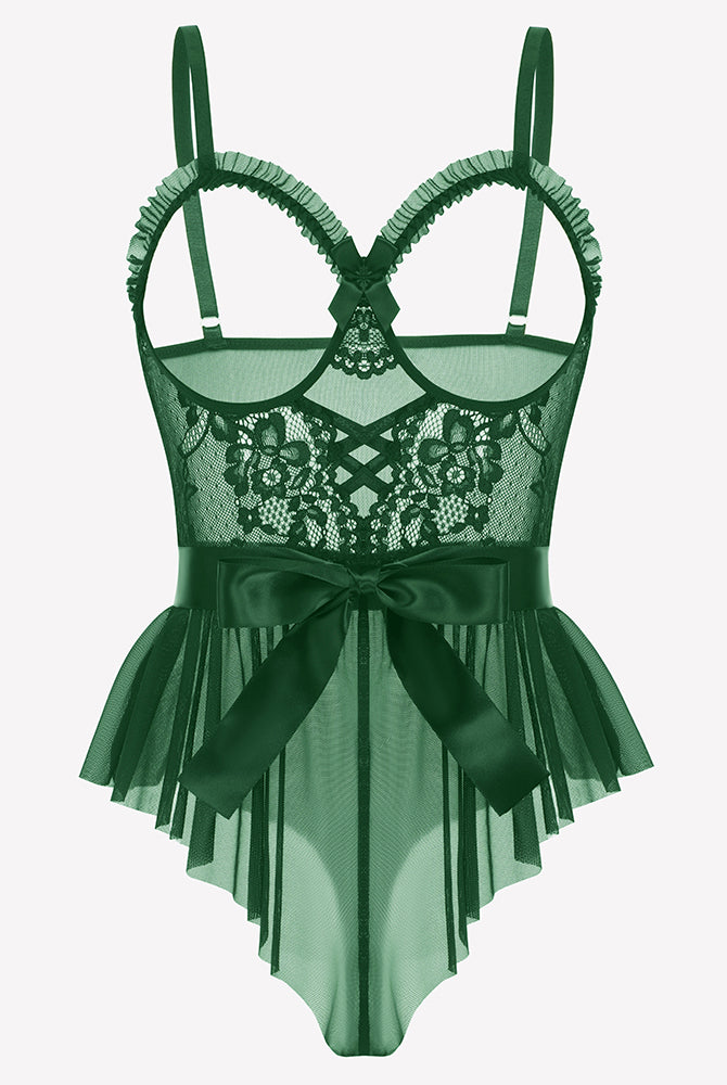 Green lace ruffle mesh bodysuit with scalloped straps and satin bow waist tie
