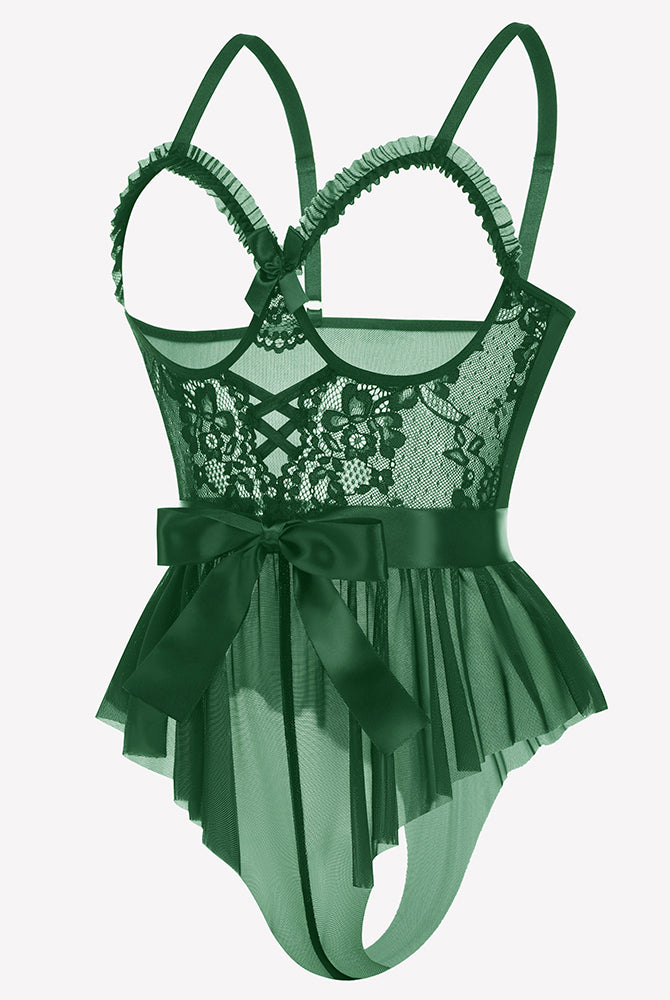 Green lace ruffle mesh bodysuit with sheer back and satin bow waist tie