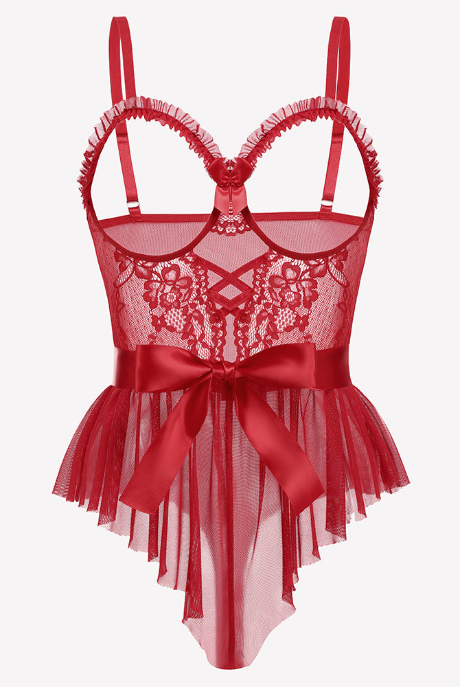 Red lace ruffle mesh bodysuit with satin waist tie bow and underwire cups