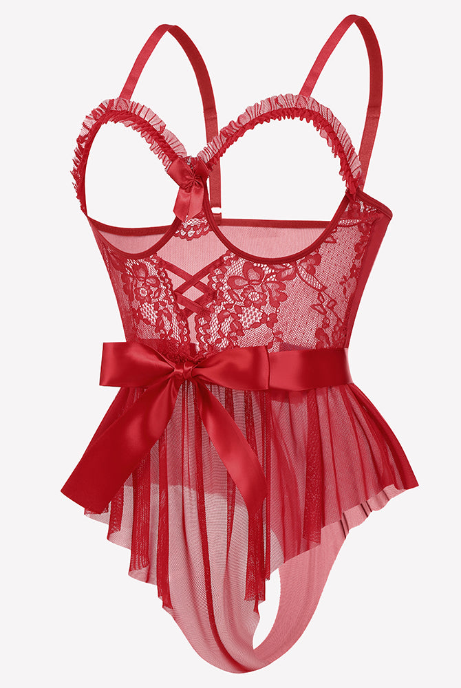 Red lace ruffle mesh bodysuit with satin tie bow at waist and lace detail