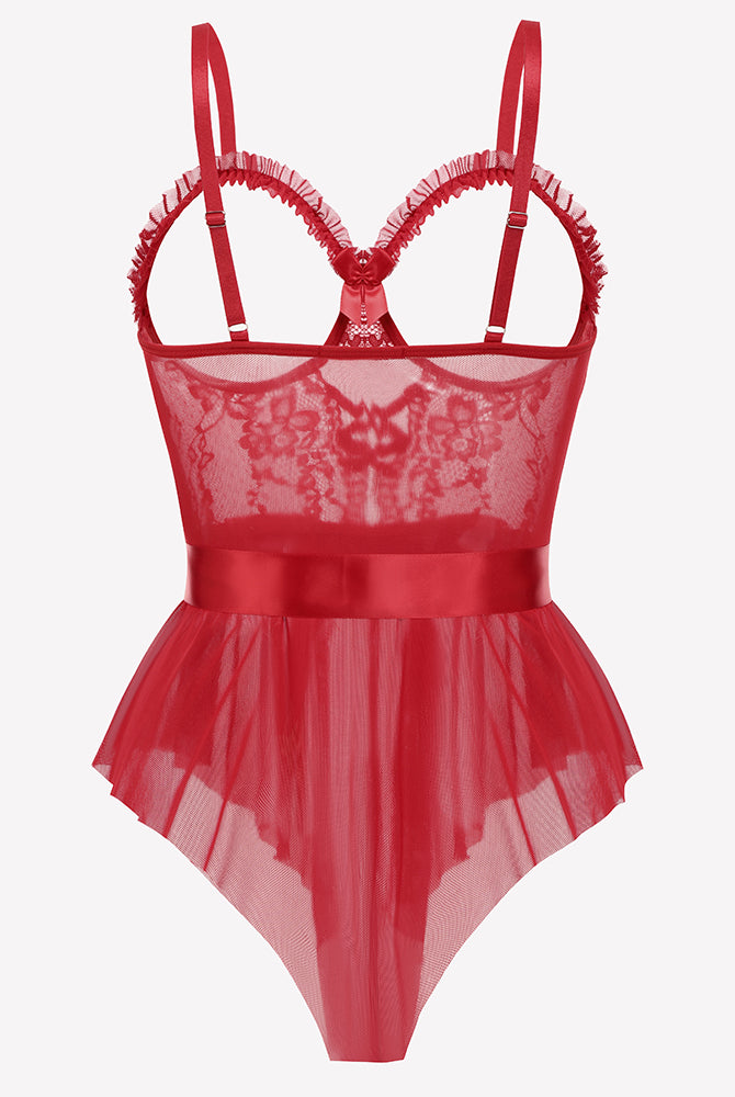 Red lace ruffle mesh bodysuit with satin waist sash and scalloped underwire cups