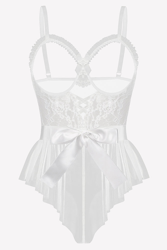 White lace ruffle mesh bodysuit with satin waist tie bow and underwire cups