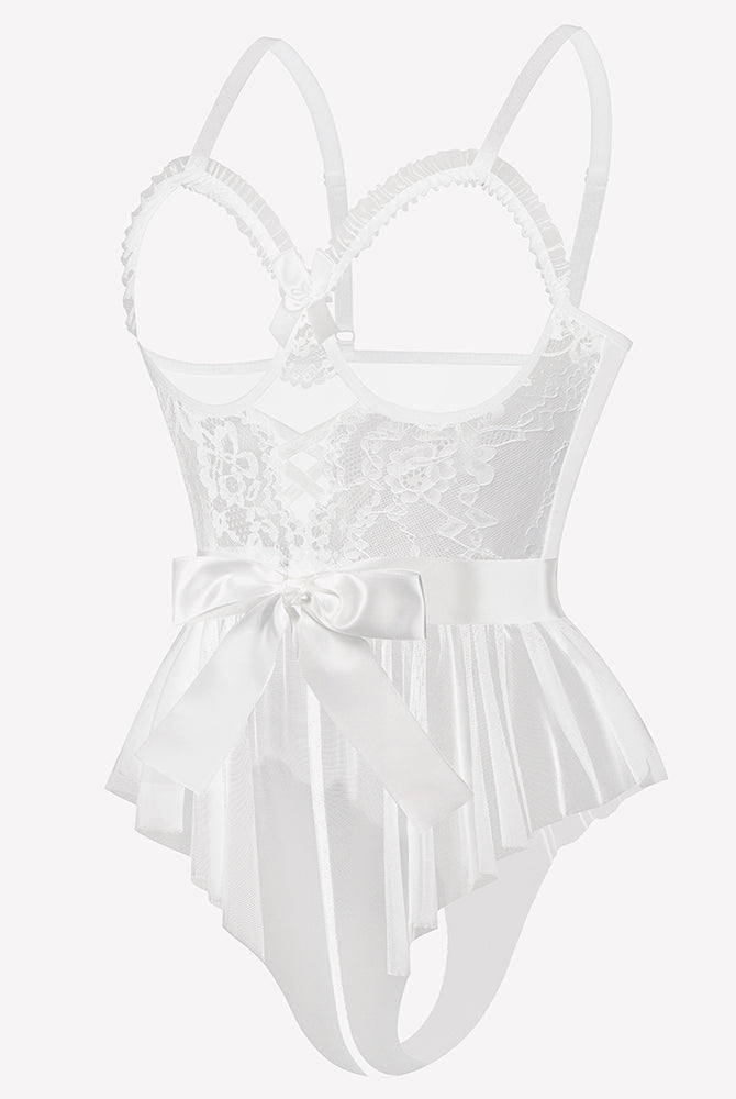 White lace ruffle mesh bodysuit with satin waist tie bow and scalloped lace cups