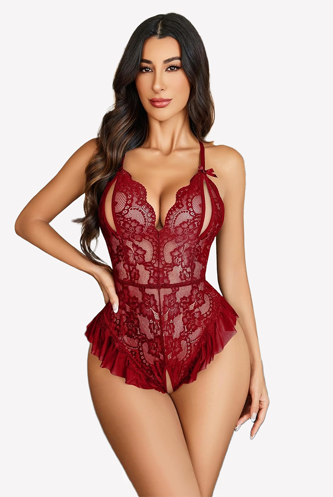 Burgundy lace crotchless bodysuit with cutout bra, backless design, and ruffle hem
