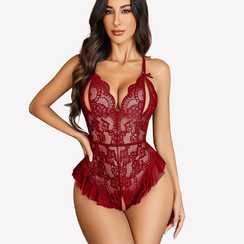 Burgundy lace crotchless bodysuit with cutout bra, backless design, and ruffle hem