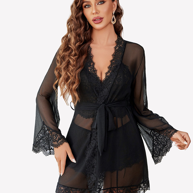 Lace Bralette and Panty Sets With Mesh Kimono Robe