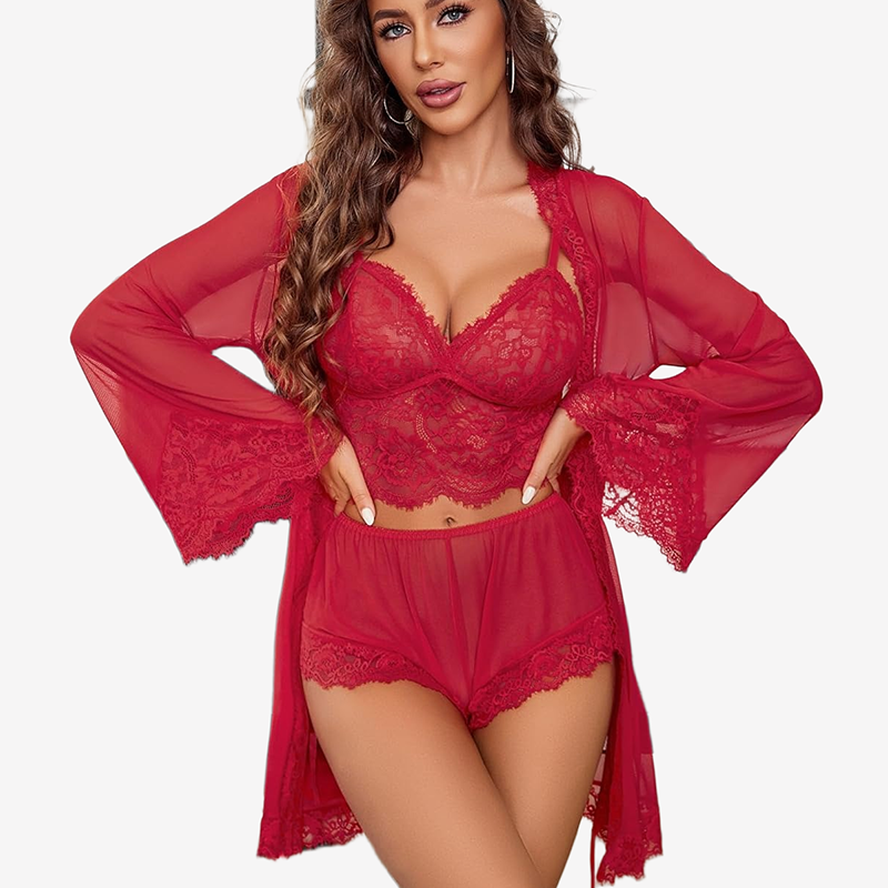 Lace Bralette and Panty Sets With Mesh Kimono Robe
