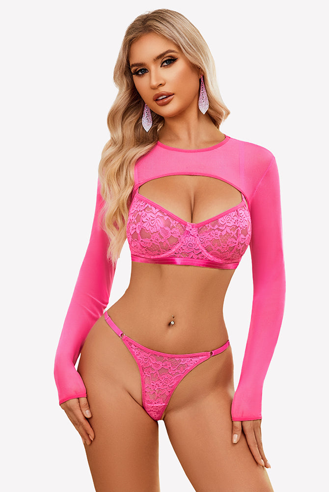 Neon pink lace lingerie set with sheer mesh crop top, perfect for boudoir, bridal, and Valentine's