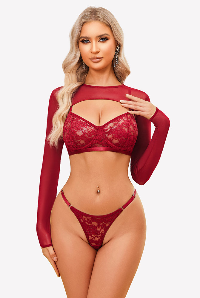 Red lace lingerie set with sheer mesh crop top, perfect for boudoir, bridal, and Valentine's Day.