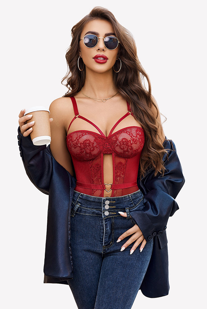 Lace crotchless teddy bodysuit with unique crotch design, red color