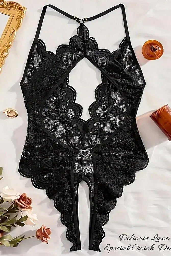 Black lace teddy bodysuit with deep V neckline and open crotch. Sexy black lace lingerie.