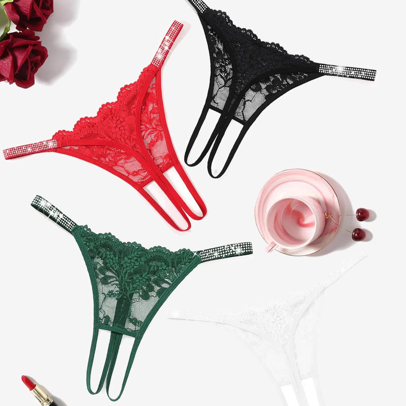 Floral Lace Briefs Rhinestones Strap Panties