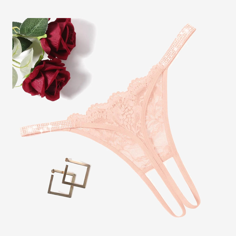 Floral Lace Briefs Rhinestones Strap Panties