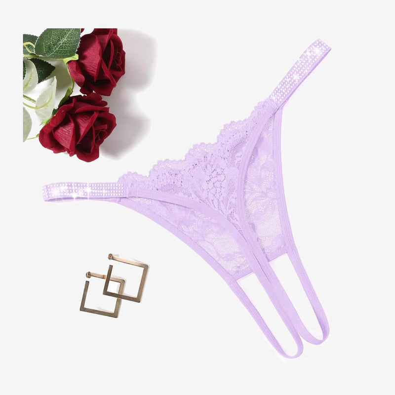 Floral Lace Briefs Rhinestones Strap Panties