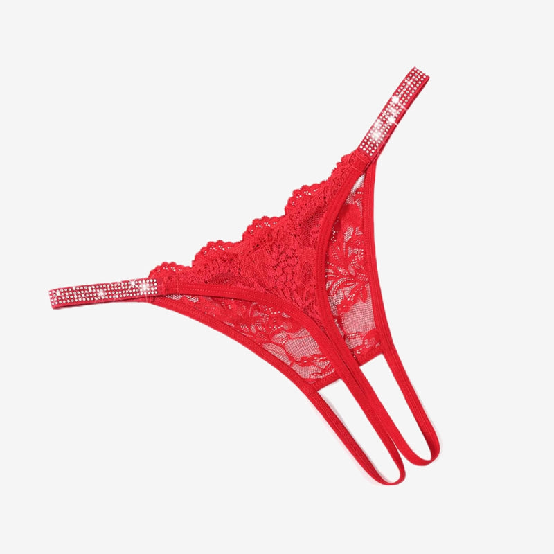 Floral Lace Briefs Rhinestones Strap Panties