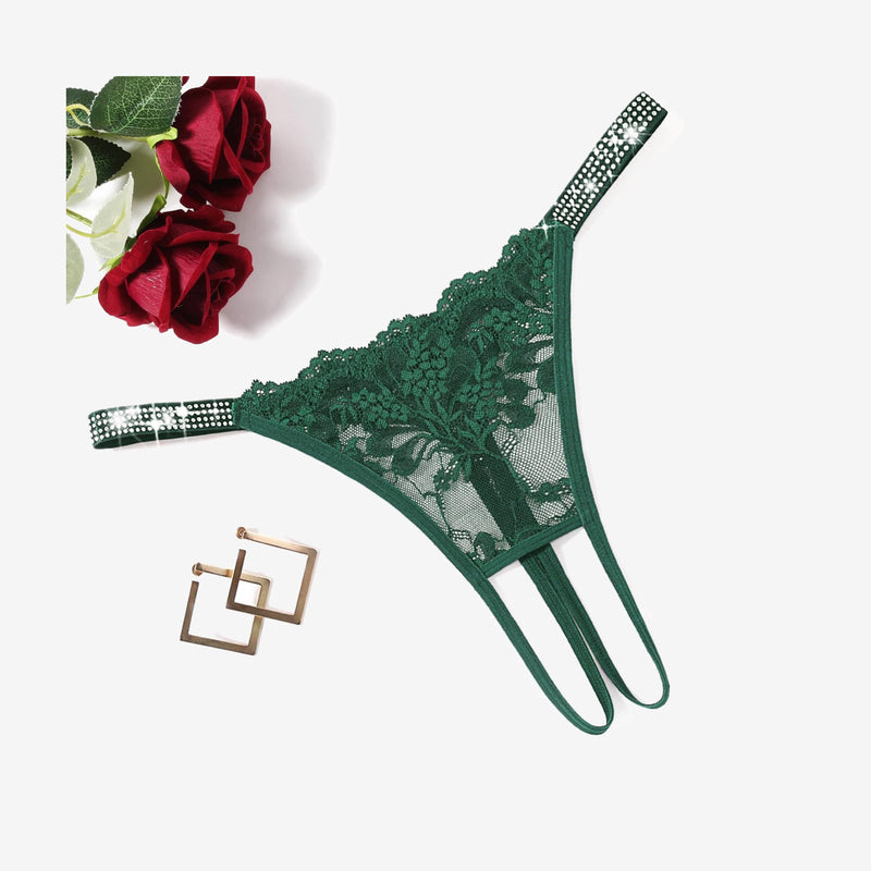 Floral Lace Briefs Rhinestones Strap Panties