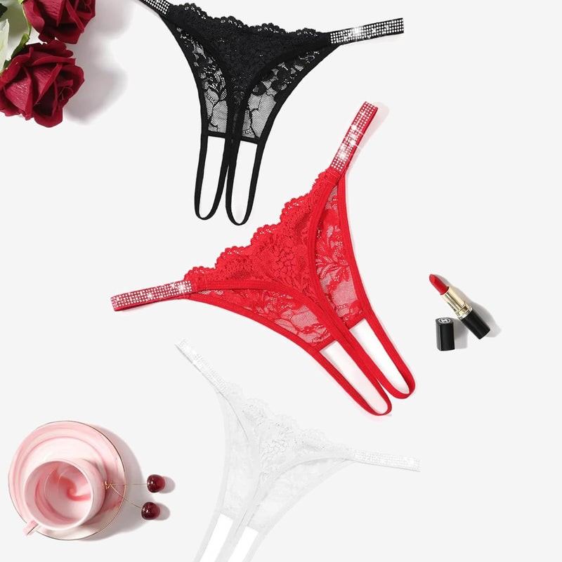 Floral Lace Briefs Rhinestones Strap Panties