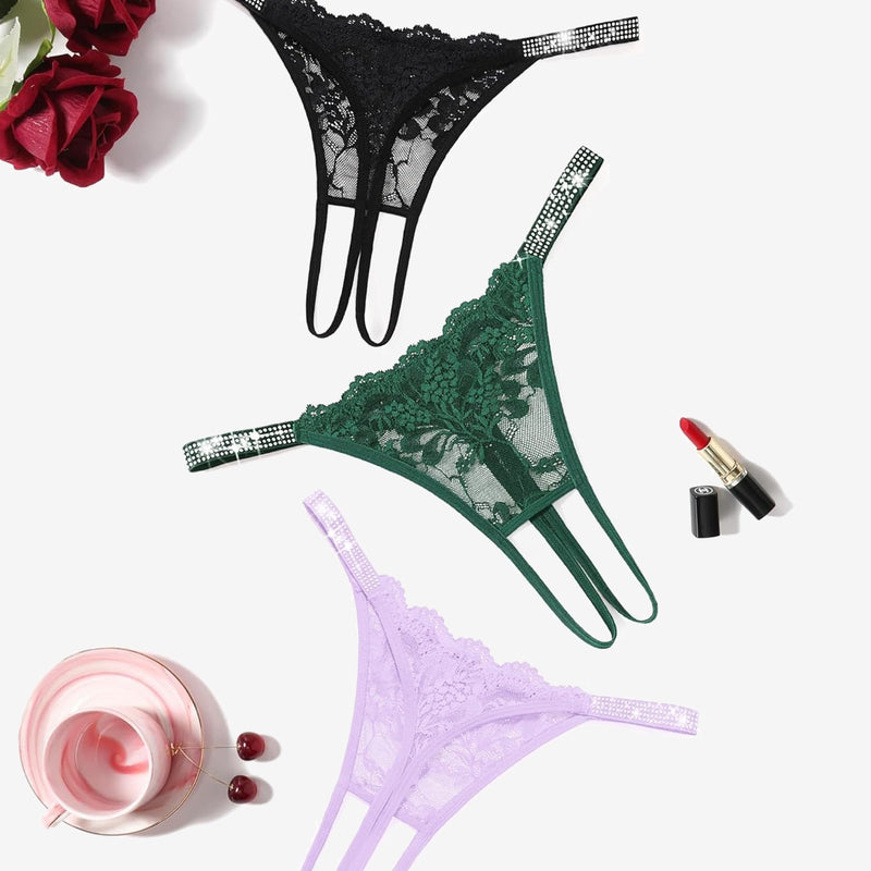 Floral Lace Briefs Rhinestones Strap Panties