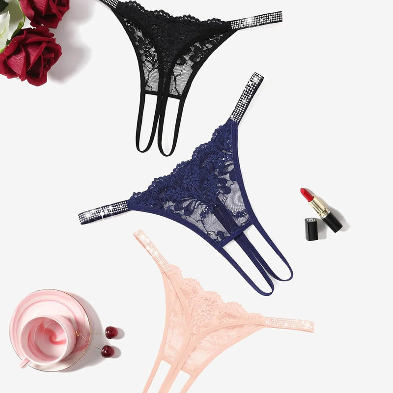 Floral Lace Briefs Rhinestones Strap Panties