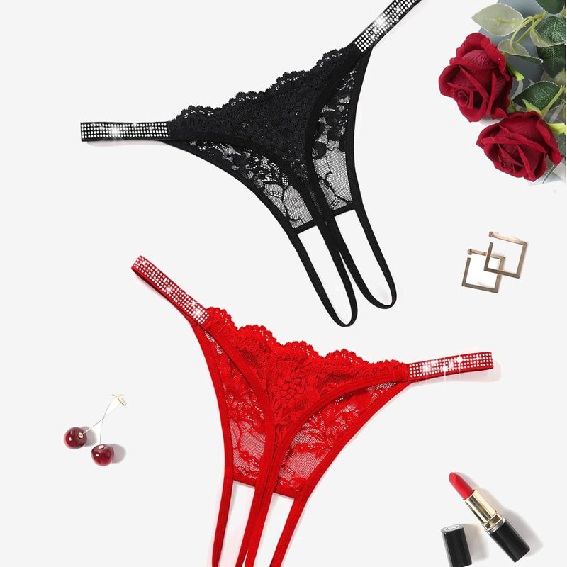 Floral Lace Briefs Rhinestones Strap Panties