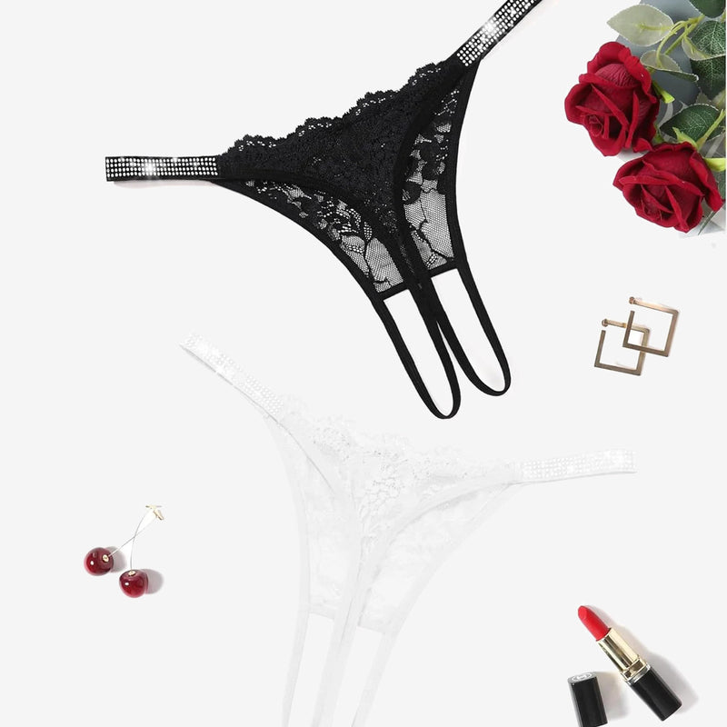 Floral Lace Briefs Rhinestones Strap Panties
