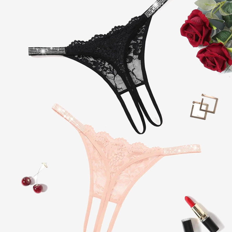 Floral Lace Briefs Rhinestones Strap Panties