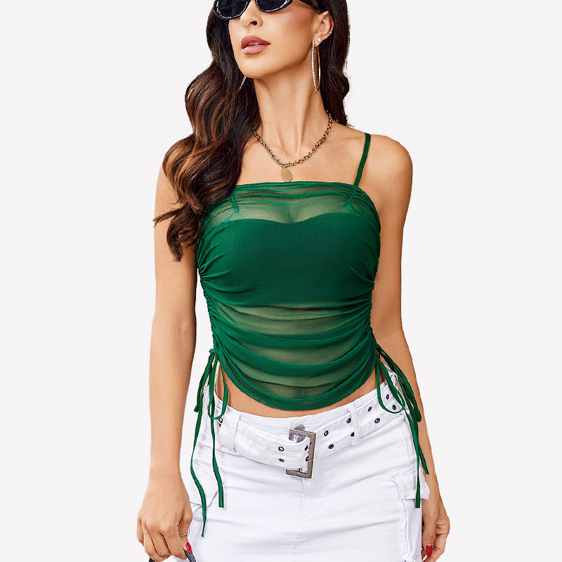 Green mesh sheer tank top with adjustable spaghetti straps and ruched detail for a sexy club look