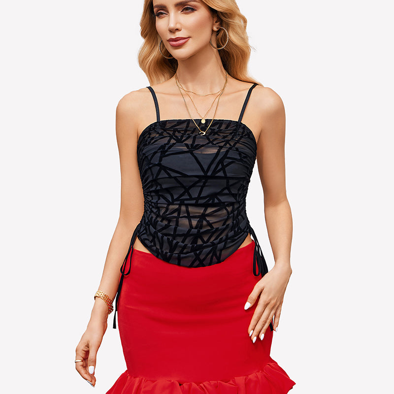 Black mesh camisole top with adjustable straps and red mini skirt, sexy club wear