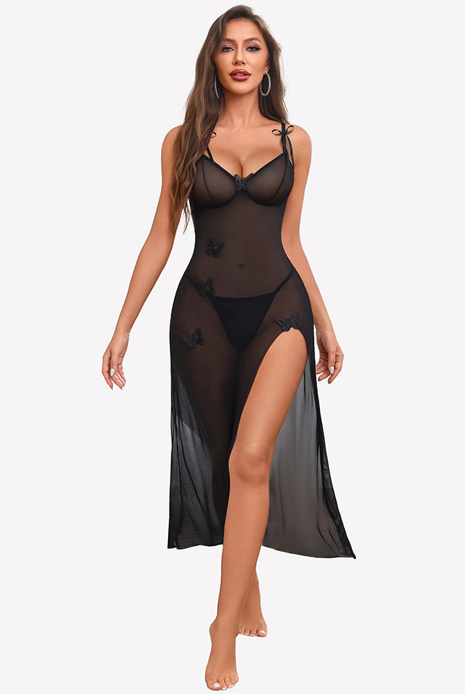 Sheer black maxi nightdress with spaghetti straps, scalloped bust, and high leg slit