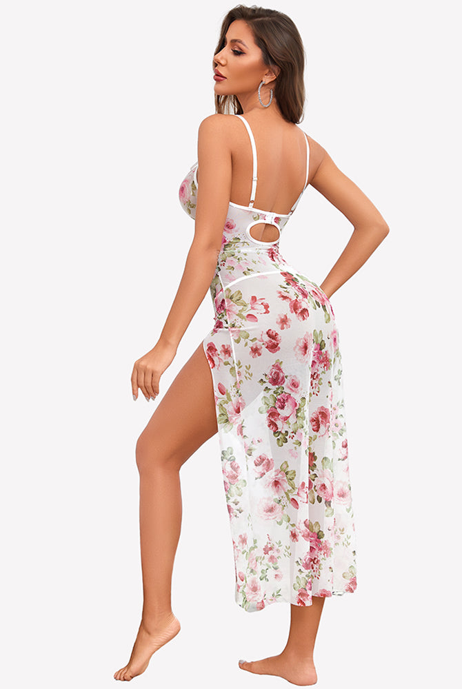 Sheer white floral maxi nightdress with thin straps and open back design