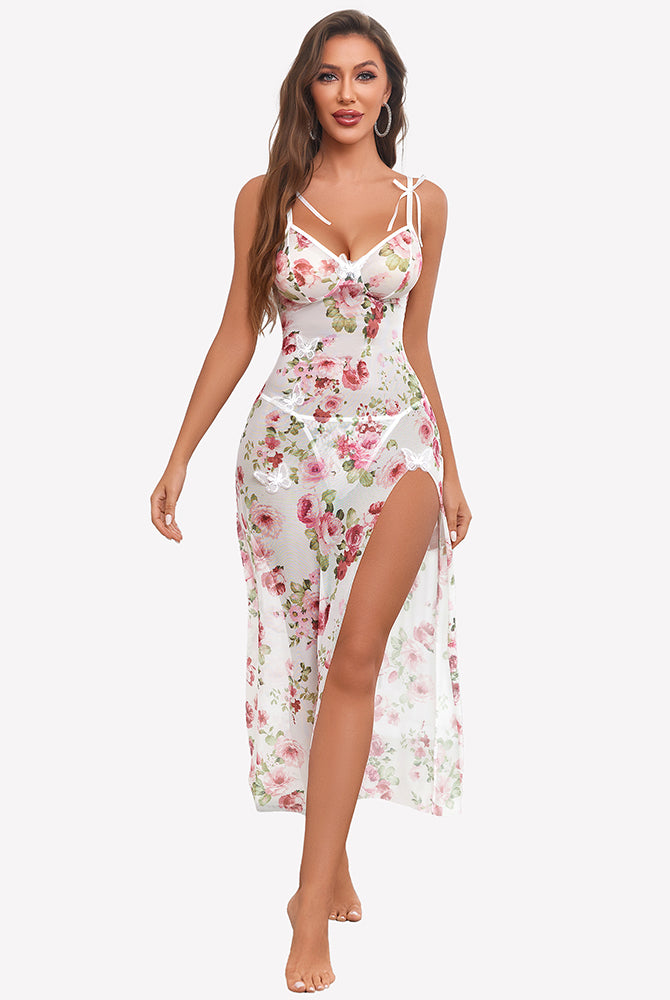 Sheer white floral maxi nightdress with spaghetti straps and high leg slit