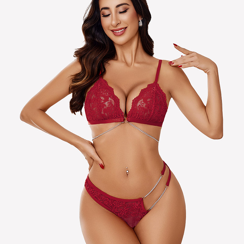 2 Piece Lace Lingerie Set with Chain