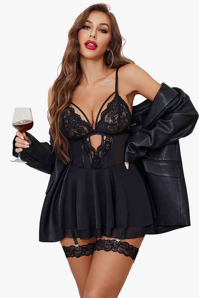 Black lace mesh lingerie slip with garter belt, lace cups, layered flared tulle hem