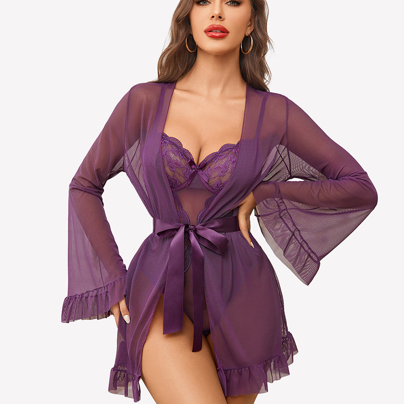 2 Piece Sheer Kimono Robe with Lace Teddy