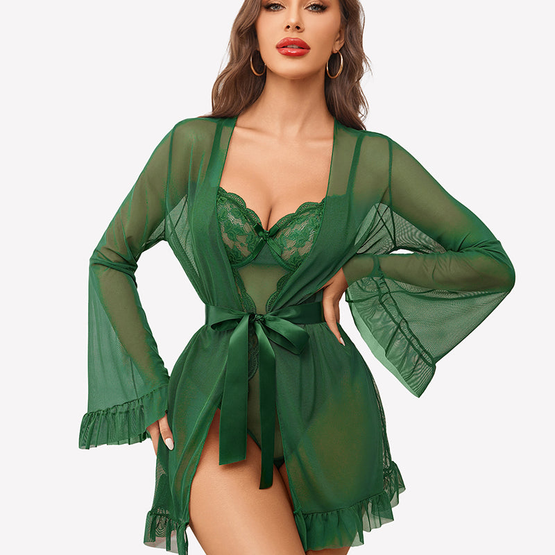 2 Piece Sheer Kimono Robe with Lace Teddy