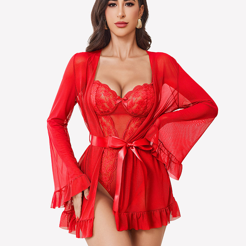 2 Piece Sheer Kimono Robe with Lace Teddy
