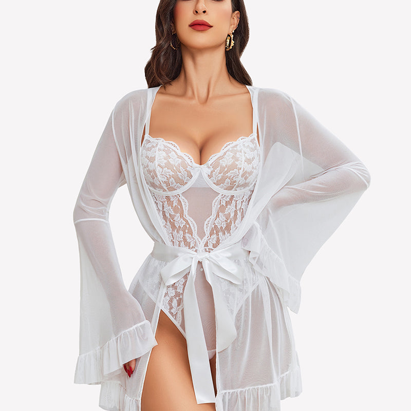2 Piece Sheer Kimono Robe with Lace Teddy