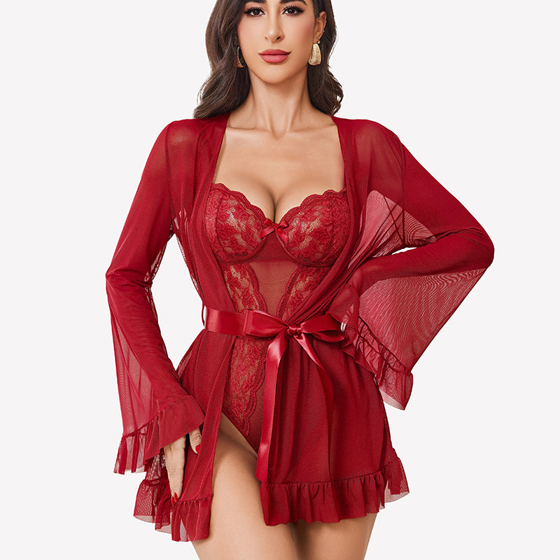 2 Piece Sheer Kimono Robe with Lace Teddy