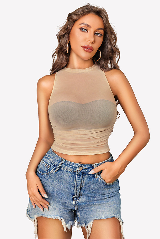 Beige sheer mesh high neck tank top, cropped design, ideal for casual wear.