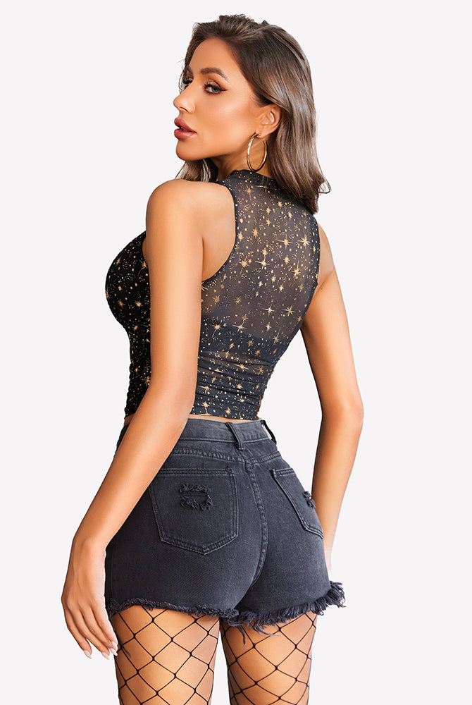 Black star pattern sheer mesh high neck tank top, cropped design, perfect for club wear