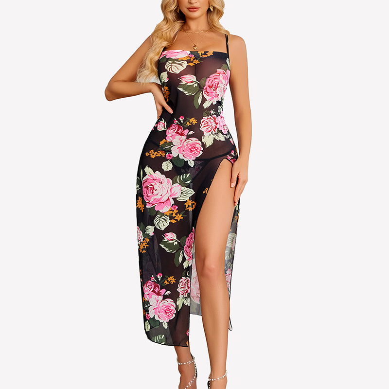 Floral Print Mesh Side Split Nightgown