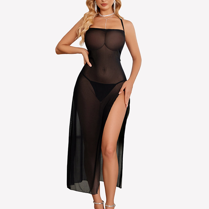 Floral Print Mesh Side Split Nightgown