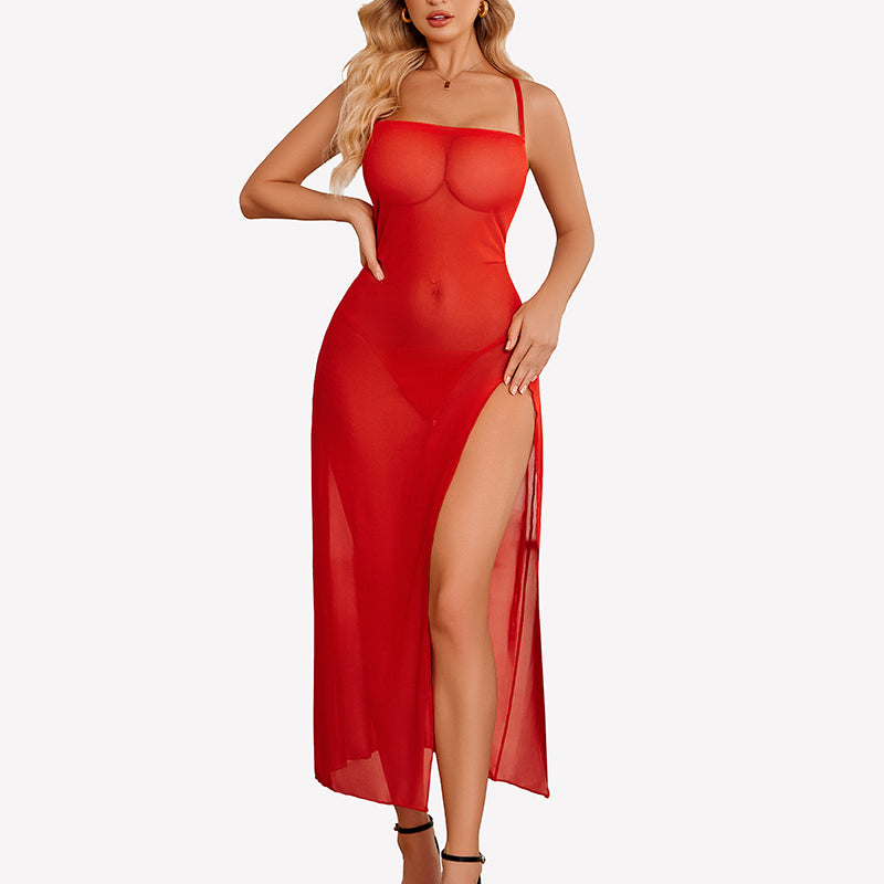 Floral Print Mesh Side Split Nightgown