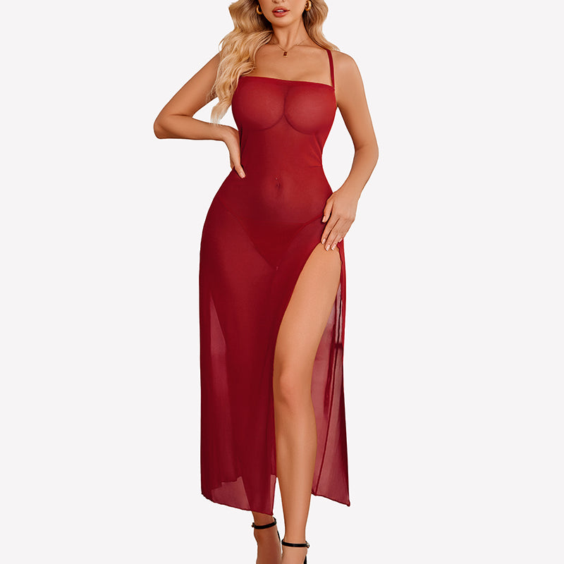 Floral Print Mesh Side Split Nightgown