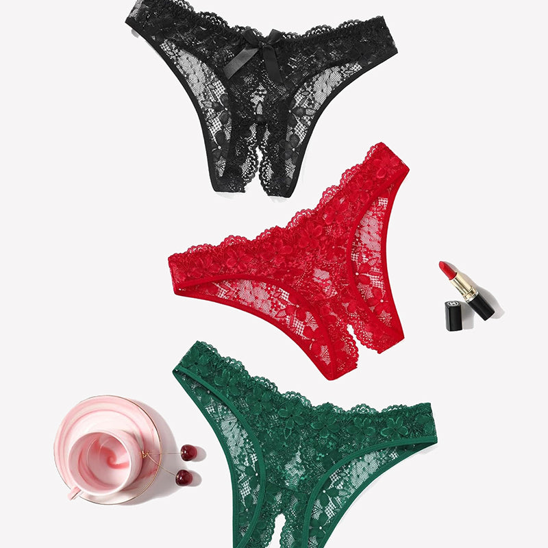 Floral Lace Briefs Hollow Out Bow Underwear