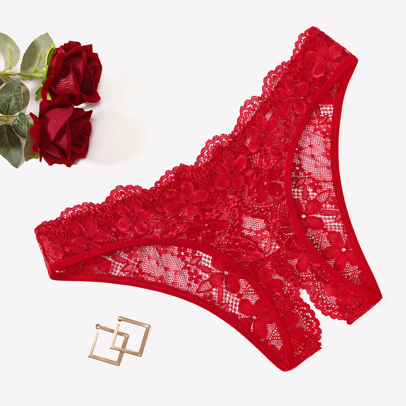 Floral Lace Briefs Hollow Out Bow Underwear