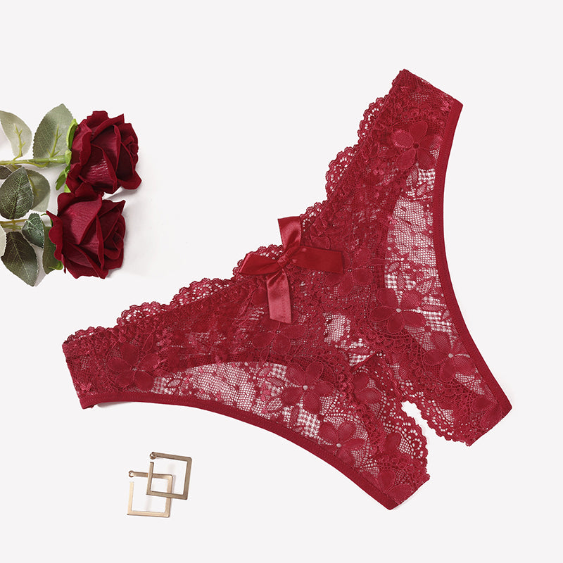 Floral Lace Briefs Hollow Out Bow Underwear