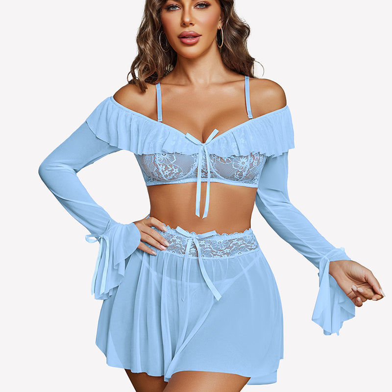Off Shoulder Bra Panty Ruffle Skirts 3 Piece Sets