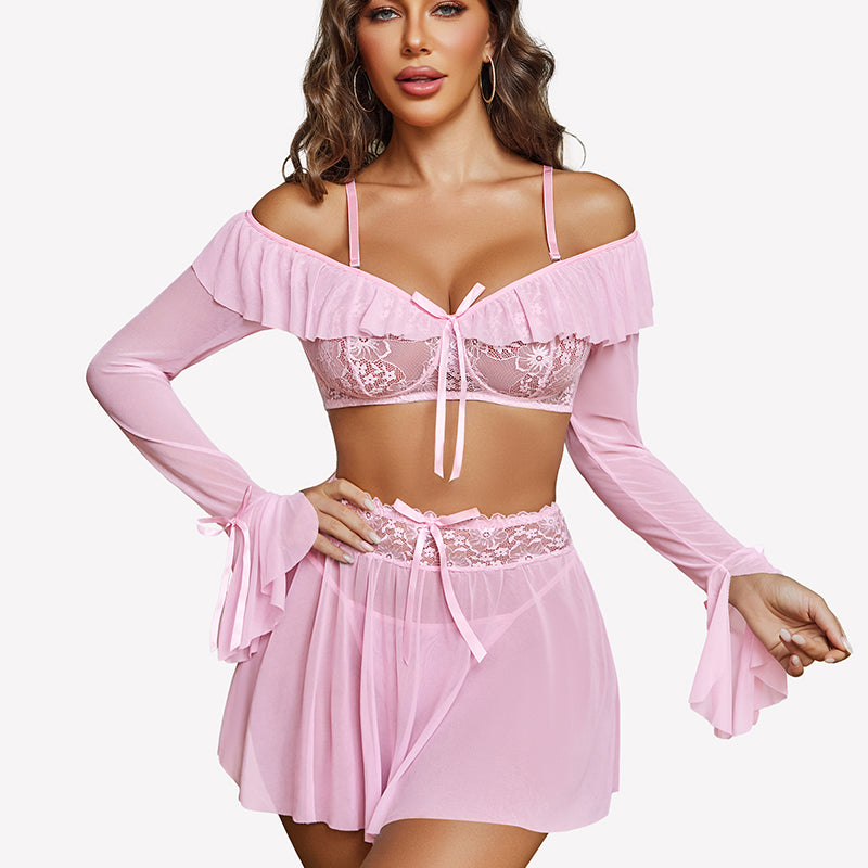 Off Shoulder Bra Panty Ruffle Skirts 3 Piece Sets
